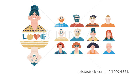 Valentine: Spectrum of Love - modern flat vector concept illustration of a vibrant array of individual portraits celebrating love's diverse expressions. Metaphor for the universal language of love 110924888