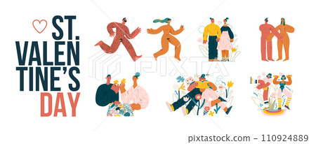 Valentines day illustrations set - modern flat vector concept illustrations of couples celebrating their love, acting together, floral environment. Metaphor of unity, affection, love, connection Valentines day illustrations set - modern flat vector concept illustrations of couples celebrating their love, acting together, floral environment. Metaphor of unity, affection, love, connection 110924889