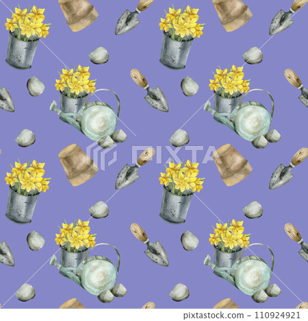 Watercolor garden tools and spring yellow flowers seamless pattern purple background. Narcissus in metal bucket vintage watering can with stones and shovels for floral shop, packing, gardening design Watercolor garden tools and spring yellow flowers seamless pattern purple background. Narcissus in metal bucket vintage watering can with stones and shovels for floral shop, packing, gardening design 110924921