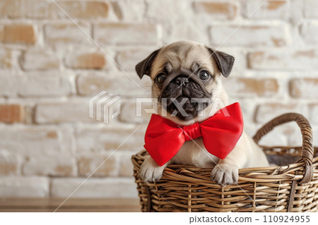 Cute pug puppy with red bow in basket, rustic brick wall on background 110924955