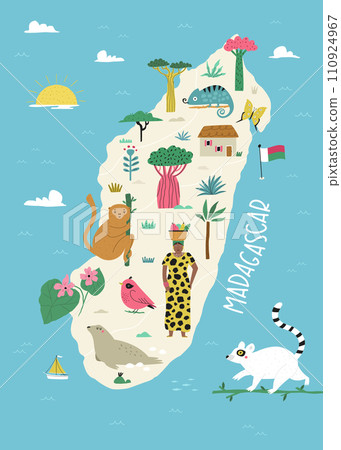 Vector stylized illustrated map of Madagascar island with famous landmarks, places and symbols 110924967