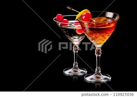 Set of Bourbon Manhattan cocktail with vermouth and maraschino cherry garnish isolated on black background/ Set of Bourbon Manhattan cocktail with vermouth and maraschino cherry garnish isolated on black background/ 110925036