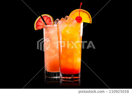 Set of Tequila Sunrise cocktail blend of tequila, orange juice, and grenadine on black Set of Tequila Sunrise cocktail blend of tequila, orange juice, and grenadine on black 110925038