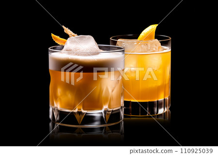 Set of Whiskey Sour and Old Fashioned cocktail garnished with a lemon in rocks glass on white background Set of Whiskey Sour and Old Fashioned cocktail garnished with a lemon in rocks glass on white background 110925039
