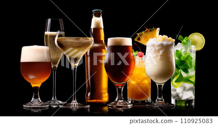 Set and collection of classic alcohol cocktails or mocktail isolated on black background with fresh summer fruits 110925083