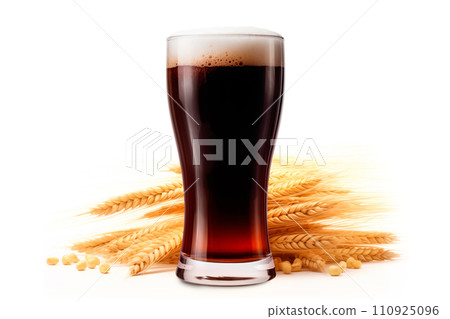 Beer in mug with wheat ears spikelets on white background. Mugs with drink like Ipa, Pale Ale, Pilsner, Porter or Stout Beer in mug with wheat ears spikelets on white background. Mugs with drink like Ipa, Pale Ale, Pilsner, Porter or Stout 110925096