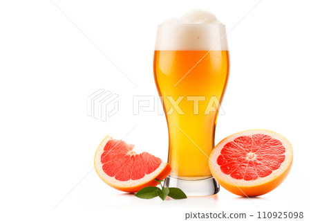 Beer or cider in tall glass with citrus on white background. Mugs with drink like Ipa, Pale Ale, Pilsner Porter or Stout Beer or cider in tall glass with citrus on white background. Mugs with drink like Ipa, Pale Ale, Pilsner Porter or Stout 110925098