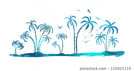 Silhouette of a blue palm tree on a white background with seagulls. hand drawing. Not AI. Vector illustration 110925119