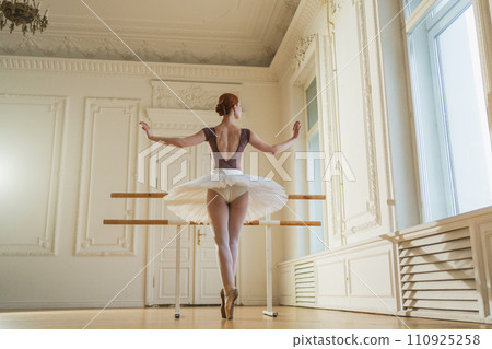 Young ballerina in tutu skirt stretching practicing ballet positions near ballet barre in dance class. Young classical dancer woman in dance studio. Ballet class training. Ballet school concept 110925258