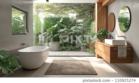 AI-generated content. Modern minimalist eco-style bathroom interior. Light grey walls, wall-hung cabinet with surface-mounted sink, freestanding bath, panoramic window with scenic garden view 110925274