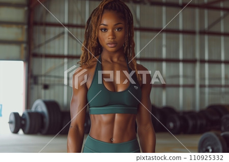 AI-generated content. Half-length portrait of a young African American woman wearing sports top in a gym. Attractive slender girl with sculpted muscles. Intense workouts, active lifestyle. 110925332