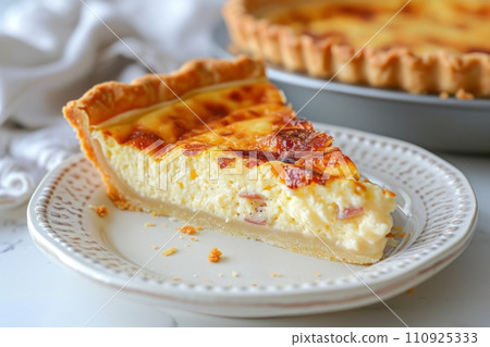 AI-generated content. Close-up of Quiche Lorraine slice with bacon, onion and chicken eggs. Baked custard dough served on white plate. Classic recipe of traditional French pie. 110925333