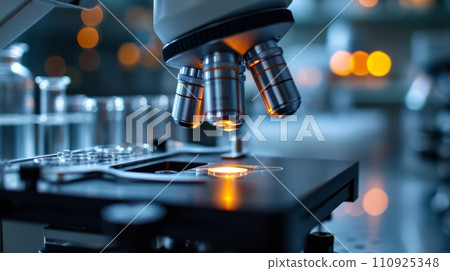 AI-generated content. Close-up of medical microscope for scientific research and vaccine vials in laboratory. Research and development of vaccine components to treat the epidemic. 110925348