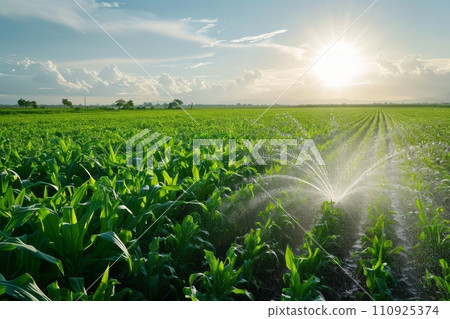 AI-generated content. Watering of wheat, rye or corn green seedlings in a vast field. Modern automated agriculture system with irrigation sprinklers spraying water over lush crops on beautiful sky 110925374