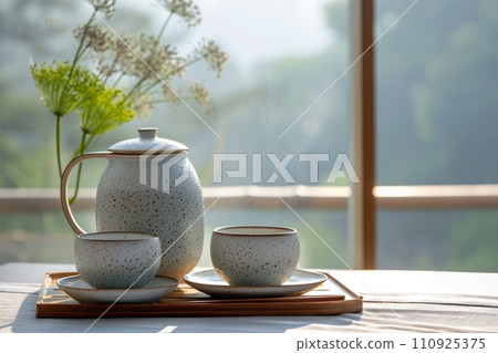 AI-generated content. Tea set on a wooden tray. Two cups of tea on saucers, teapot, delicate wildflowers. Beautiful light from the window. 110925375