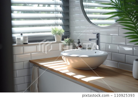 AI-generated content. Modern minimalist bathroom interior. White tile wall, wall-hung cabinet with surface-mounted sink, indoor plants, large window. Contemporary interior design. Close-up. 110925393