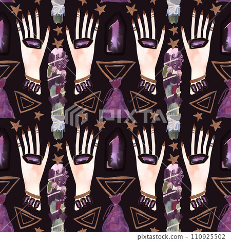 Herbalist's hands create harmony. A magical ritual of cleansing with herbs and stones. Seamless pattern for a modern witch. Watercolor illustration for fabric, wallpaper and wrapping paper 110925502