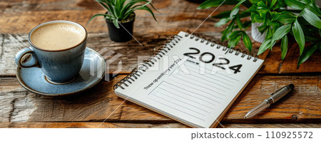 Notebook for 2024 and a cup of coffee on the table: coziness and the beginning of the day 110925572