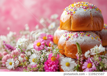 Festive Easter cake with flowers: holiday symbol on pink background 110925587