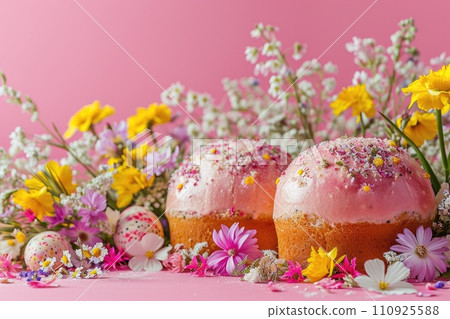 Festive Easter cake with flowers: holiday symbol on pink background 110925588