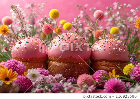 Easter cake with flowers on pink background: traditional holiday treat 110925596