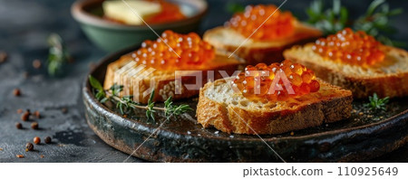 Sandwich with red caviar on a wooden table: a treat for connoisseurs of taste Sandwich with red caviar on a wooden table: a treat for connoisseurs of taste 110925649