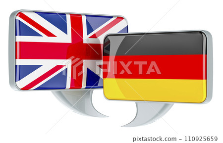 Speech balloons with British and German flags. English-German conversation concept, 3D rendering Speech balloons with British and German flags. English-German conversation concept, 3D rendering 110925659