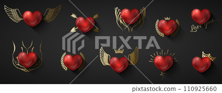 Valentine's Day love icons set. Glossy red 3d heart with golden decor. Greeting Card heart Patch with in gold wings, crown, arrow, wreath, hands hold. Black background, romantic vector illustration Valentine's Day love icons set. Glossy red 3d heart with golden decor. Greeting Card heart Patch with in gold wings, crown, arrow, wreath, hands hold. Black background, romantic vector illustration 110925660