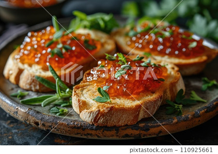 Sandwich with red caviar on a wooden table: a treat for connoisseurs of taste 110925661