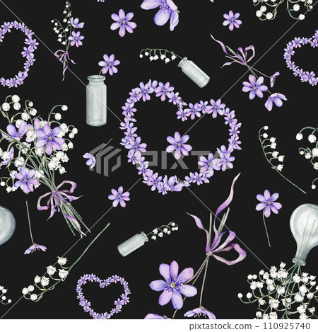 Seamless pattern wallpaper watercolor spring flowers. Heart coppice first lilac spring flowers. Delicate lily of the valley. Illustration hand drawn texture with white and violet flowers. Valentine Seamless pattern wallpaper watercolor spring flowers. Heart coppice first lilac spring flowers. Delicate lily of the valley. Illustration hand drawn texture with white and violet flowers. Valentine 110925740