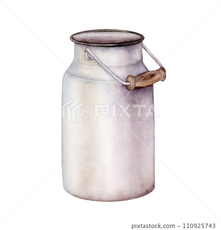Watercolor illustration metal can for milk. Container painted in watercolor isolated on white background. Farm jug for organic food. hand drawn sketch vintage white aluminum jar. Packaging design. 110925743