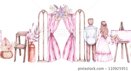 Watercolor horizontal wedding pattern with newlyweds and wedding arch and accessories in pastel shades in boho style 110925951