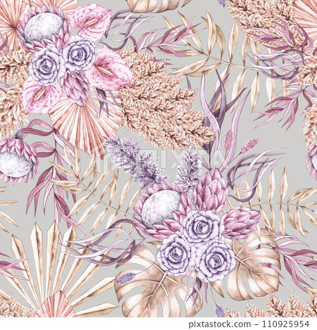 Watercolor tropical pattern with dry palm leaves and flowers in pastel shades in boho style 110925954