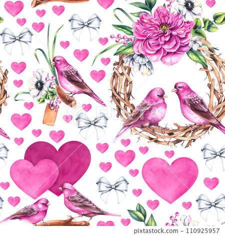 Watercolor Valentines Day pattern with bouquets of flowers, birds and flowers isolated on white 110925957