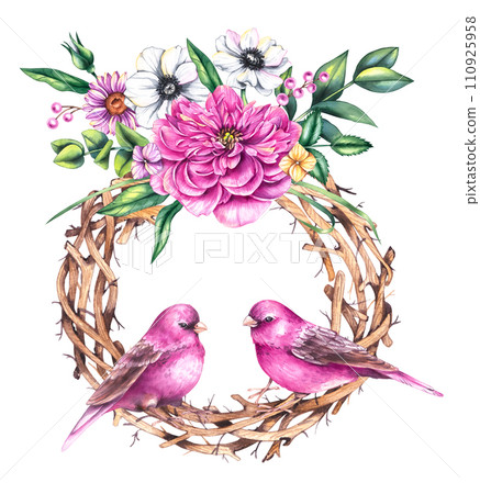 Watercolor Valentines Day wreath with bouquets of flowers, birds and flowers isolated Watercolor Valentines Day wreath with bouquets of flowers, birds and flowers isolated 110925958