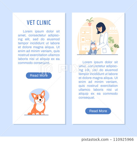 Vet clinic flyer or vertical banner with copy space, button, corgi in protective cone. Young female veterinarian examining cat with stethoscope on veterinary background. Flat line vector illustration. 110925966