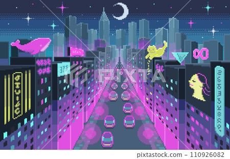 Science fiction, futuristic beautiful city pixel art background (with colorful signboards) 110926082