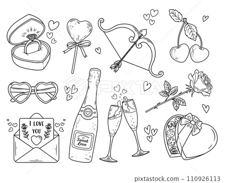 Valentine's day set of cute elements. Doodle sketches of romantic objects. Colouring page. Vector illustrationwq2  110926113