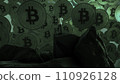 A man stands on a rock and looks at bitcoins. 3D rendering 110926128