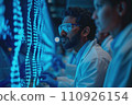 scientists working with futuristic transparent interface 110926154