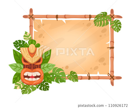 Tiki totem bamboo frame. Cartoon hawaiian or african tribal totem mask on sign board flat vector illustration. Bamboo frame with wooden aboriginal mask 110926172