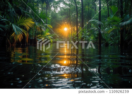 sunrise in flooded tropical rainforest during high water season 110926239