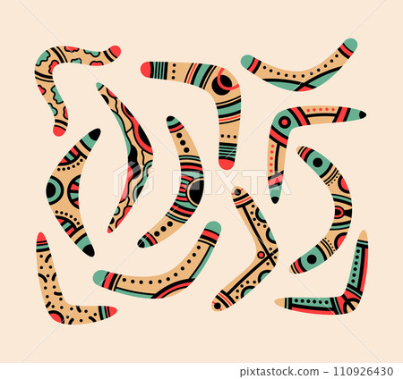 Australian aboriginal curved wooden boomerangs. Hand drawn traditional souvenir, australian native hunting weapon cartoon vector illustration icons set 110926430