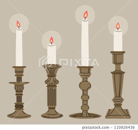 Candles in vintage candelabrum and candlesticks. Doodle candles in vintage holders, bronze candelabrums and classic ancient candlesticks vector Illustration set Candles in vintage candelabrum and candlesticks. Doodle candles in vintage holders, bronze candelabrums and classic ancient candlesticks vector Illustration set 110926436