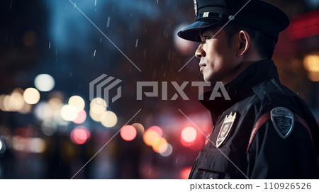 夜間雨中站在城市的保安的側影“AI生成圖像” 110926526