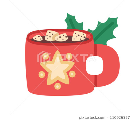 Christmas hot drink cup. Xmas winter holiday cozy hot cocoa, coffee or tea mug isolated vector illustration. Winter marshmallow hot beverage cup Christmas hot drink cup. Xmas winter holiday cozy hot cocoa, coffee or tea mug isolated vector illustration. Winter marshmallow hot beverage cup 110926557
