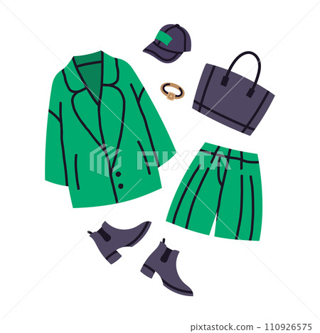 Fashion casual clothes outfits. Female modern wardrobe casual looks, trendy outfits cartoon vector illustration set. Doodle stylish fashion clothes sets Fashion casual clothes outfits. Female modern wardrobe casual looks, trendy outfits cartoon vector illustration set. Doodle stylish fashion clothes sets 110926575