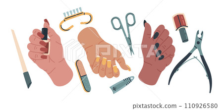 Female manicured doodle hands. Hand drawn hands with long nails, manicure nail service tools cartoon vector illustration set. Girls hands with fresh manicure 110926580