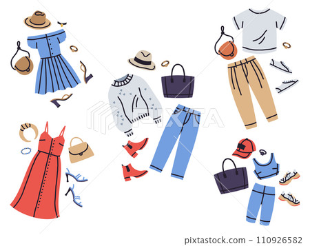 Female wardrobe clothes outfits. Fashion modern casual looks, vacation, gym, summer and fall trendy outfits cartoon vector illustration set. Fashion clothes sets 110926582
