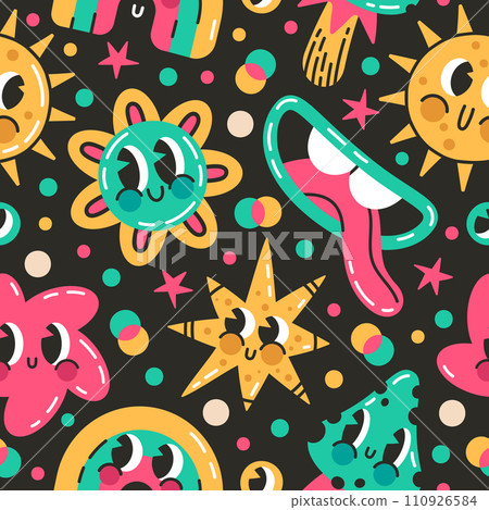 Funny comic emoji elements seamless pattern. Abstract comic book doodle characters vector background illustration. Cartoon hand drawn comic shapes pattern 110926584